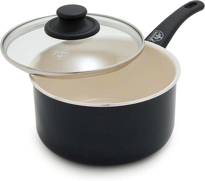 GreenLife 2.5QT Nonstick Saucepan with Glass Lid, Soft Grip, PFAS-Free Ceramic, Multipurpose Chef Pan, Milk & Sauce Cooking Pot, Dishwasher & Oven Safe to 350˚F, Stay-Cool Handle, Black