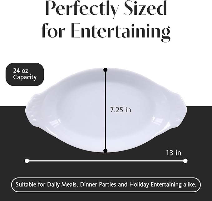 BIA Cordon Bleu Oval Au Gratin, Set of 4-24oz White Porcelain Baking Dishes, Glossy Finish - Microwave, Oven & Dishwasher Safe Cookware for Side Dishes, Casseroles & Gift Giving (13" x 7")