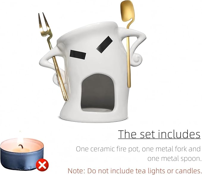 Ceramic Fondue Cup Set w/Built-In Fork & Spoon - Mini Chocolate/Cheese Fondue Mug | Microwave & Dishwasher Safe | Compact Gift-Ready (Gold)