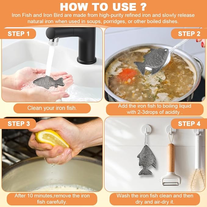 3pcs Iron Fish Natural Iron Cooking Tool to Add Iron to Food & Water Effective and Safe Cooking Tool