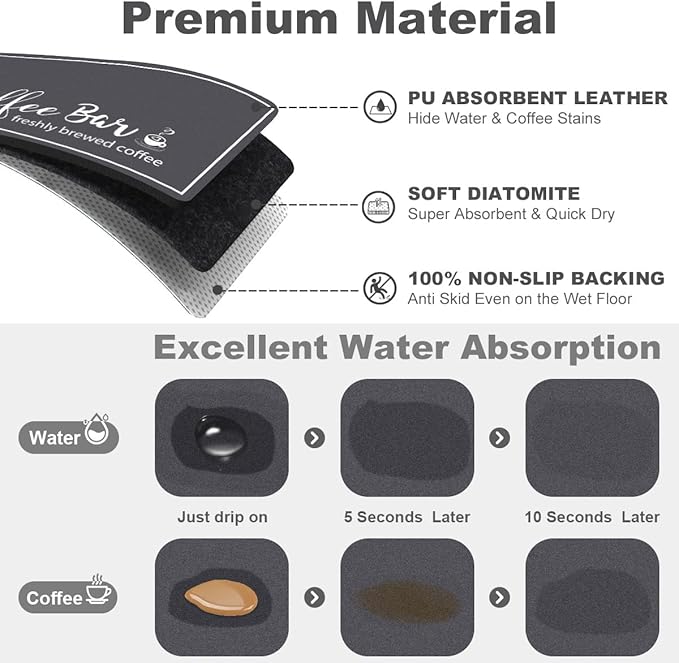 Findosom Dish Drying Mat, 16"x 24" Super Absorbent & Hide Stain Coffee Mat, Cuttable Drying Mat for Kitchen Counter, Coffee Bar Accessories, Under Dish Rack, Coffee Maker, Espresso Machine, DarkGrey
