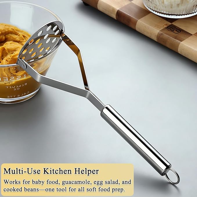 Homquen Stainless Steel Potato Masher, Sturdy Mashed Potato Masher, Potato Ricer, Masher Kitchen Tools for Vegetables&Fruit, Dishwasher Safe (9.84inch)