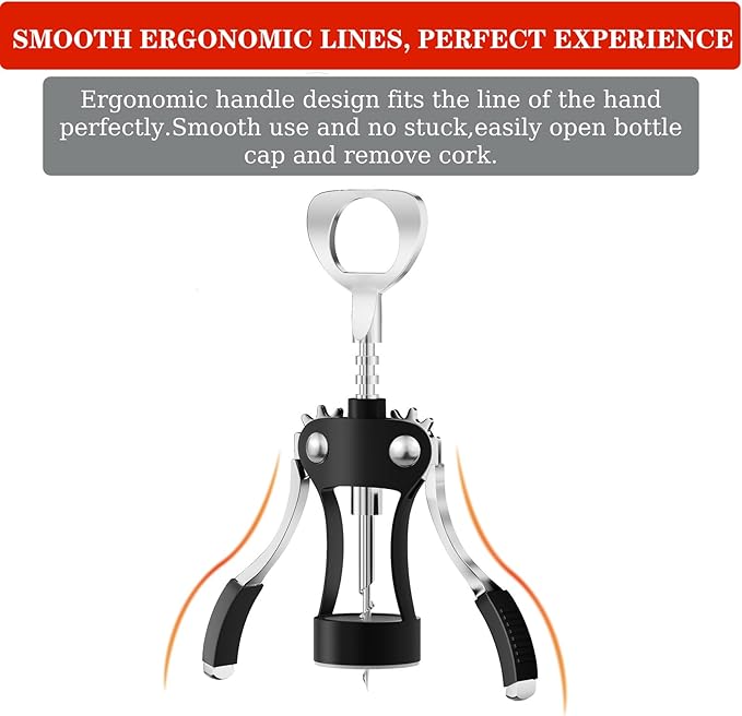 KORCCI Wine Opener, Heavy-Duty Zinc Alloy Wing Corkscrew, Premium Beer Bottle Opener, Multifunctional Wine Accessories with Ergonomic Handle and Sharp Screw, for Kitchen, Bar, Restaurant (BLACK)
