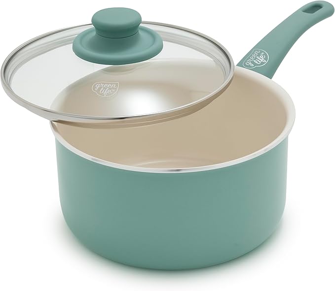 GreenLife 2.5QT Nonstick Saucepan with Glass Lid, Soft Grip, PFAS-Free Ceramic, Multipurpose Chef Pan, Milk & Sauce Cooking Pot, Dishwasher & Oven Safe to 350˚F, Stay-Cool Handle, Turquoise