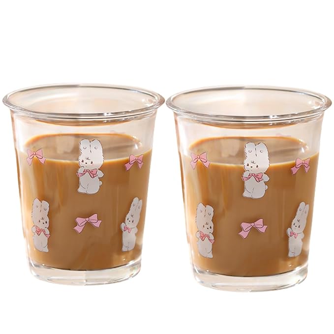Ivymei Set of 2 12 OZ Cute Drinking Glasses Bow Glass Coffee Cups Rabbit Glass Cups for Juice, Iced Tea, Coffee, Latte, Milk, Dessert, Stackable Glassware Drinkware Set (Pink)