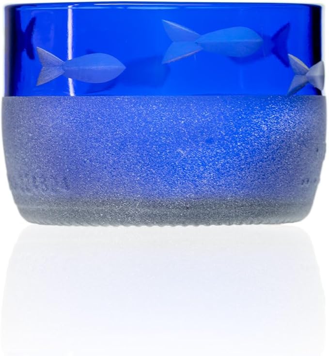 Rolf Glass School of Fish Twice Around Blue Pitcher and Mini Sipper | 13oz Recycled Glass Pitcher & 2” Mini Sipper | Tequila Tasting | Made From Recycled Bottles | Engraved in USA | 2pc + Gift Box Set