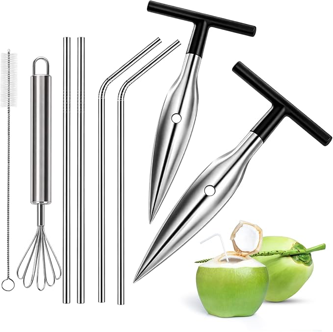 Coconut Opener Tool, 8-Piece Coconut Cutter Set with Stainless Steel Openers and Grater for Easy Coconut Preparation, Includes 4 Straws and Cleaning Brush for Complete Coconut Experience