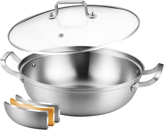 Delarlo Tri-Ply Stainless Steel 12 inch Everyday Pan with Glass Lid, Deep Saute Pan, Kitchen Everything Pan, High Side Chef's Pans, Induction Cooking Pot, Dishwasher Safe, 4QT Stock Pot Up To 600℉