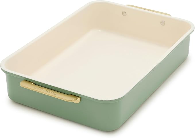 GreenPan Bakeware 13” x 9” Rectangular Cake Pan, Ceramic Nonstick Baking Pan, PFAS & BPA Free, Gold Handles, Durable Steel, Freezer to Oven Dish, Scratch Resistant, Bake & Roast Ovenware, Sage Green