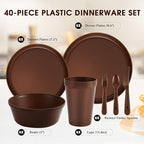 40 Piece Plastic Dinnerware Set for 8 with Cutlery, Unbreakable Plates and Bowls Set, Dishwasher & Microwave Safe Reusable Dish Set for Camping, RV, Outdoor Kitchen, Apartment Dining, Brown