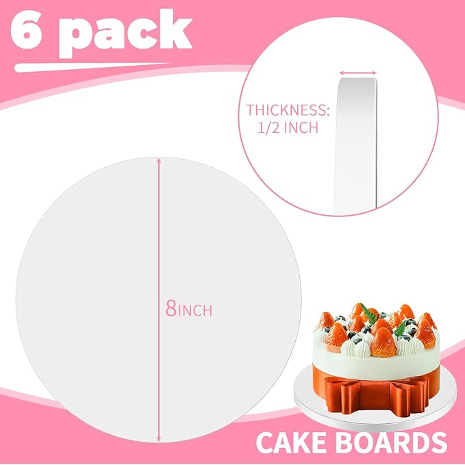 8 Inch Cake Board Drums Round, 6-Pack, White, Sturdy 1/2" Thick Heavy Or Multi-Tiered Cakes for Bithday Wedding Party. (8inch(6pack))