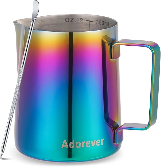 Milk Frothing Pitcher Colorful 350ml (12oz) Steaming Pitchers Stainless Steel Milk Coffee Cappuccino Latte Art Barista Steam Pitchers Milk Jug Cup with Decorating Art Pen