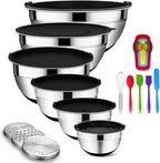 Rottay Mixing Bowls Set with Airtight Lids, 20PCS Stainless Steel, Nesting Bowls with 3 Grater Attachments & Non-Slip Bottoms, Size7, 4, 3, 2, 1.5, 1QT Bowls for Baking&Prepping