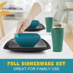 Teivio 32-piece Plastic Wheat Straw Square Dinnerware Set for 8, Unbreakable Dinner Plates, Salad Plates, Snack Bowls, Tumblers 13.5 oz, Dishwasher Safe, Coastal Multicolor