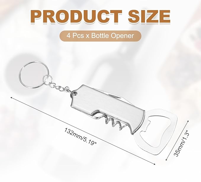 uxcell 4 Pcs Wine Opener, Bottle Opener Keychain, Durable Stainless Steel Waiter's Corkscrew, Compact All-In-One Home Bar Tool for Bar, Party, Wedding, Home, Travel, Silver