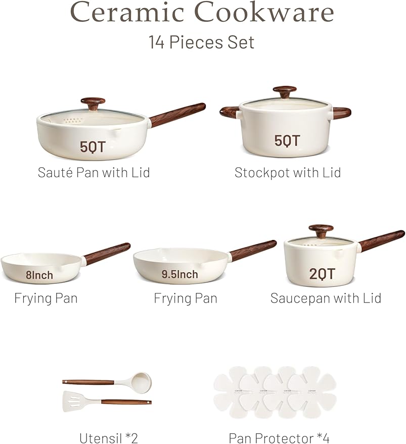 CAROTE Ceramic Cookware Sets, Pots and Pans Set Non stick, Non Toxic Healthy Induction Cookware, 14 Pcs Nonstick Kitchen Pots and Pans Set, PFAS PTFE Free, Dishwasher Safe