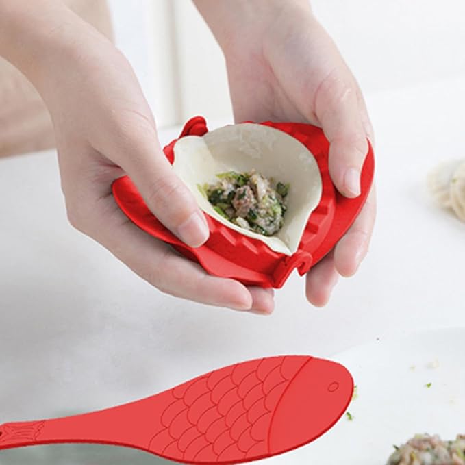 TIDTALEO Dumpling Maker Molds Set with Spoons 4pcs Red Plastic Dumpling Skin Wrappers Tools Cooking Kitchen Gadgets for Beginners and Family Use