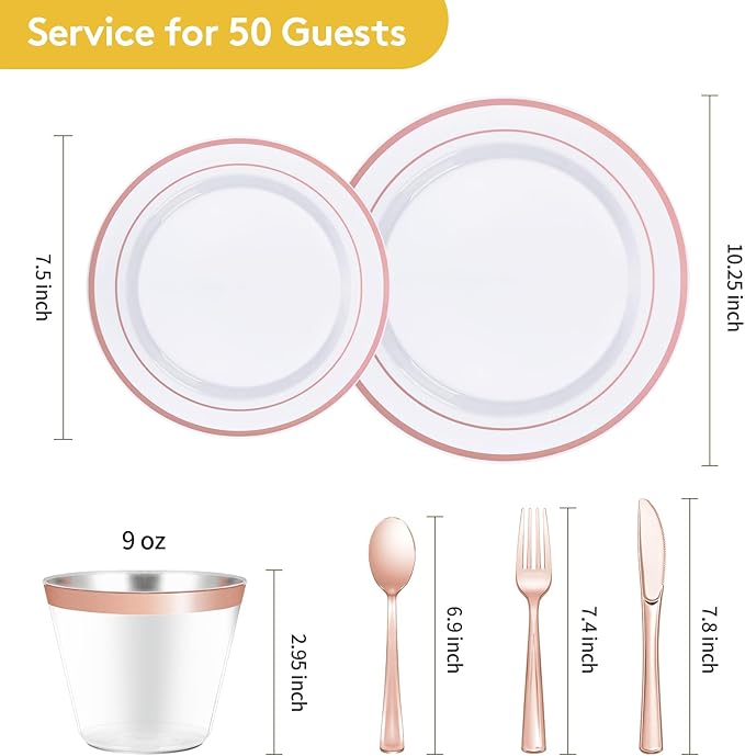 Goodluck 300 Pieces Rose Gold Disposable Plates for 50 Guests, Plastic Plates for Party, Wedding, Dinnerware Set of 50 Dinner Plate, 50 Salad Plates, 50 Spoons, 50 Forks, 50 Knives, 50 Cups