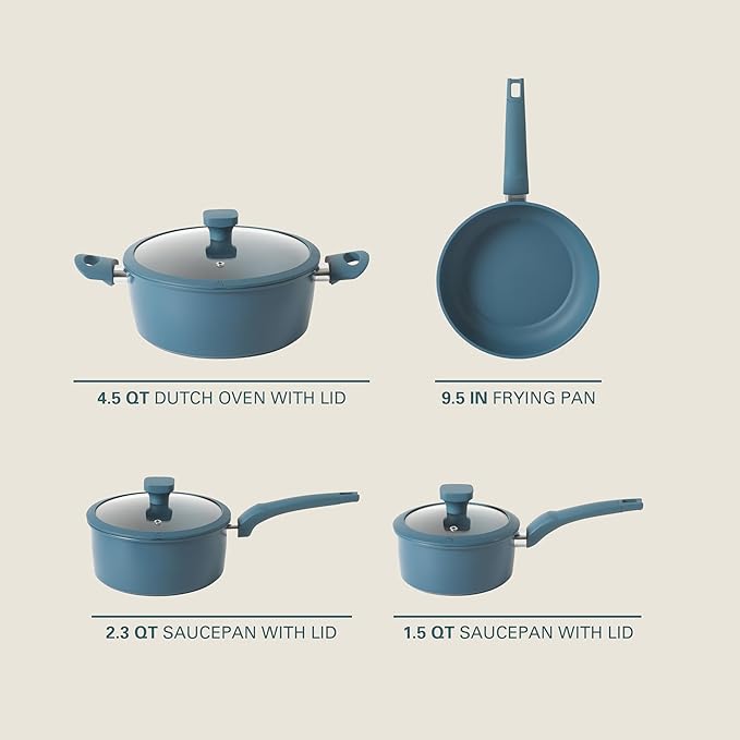 Gibson Home Helensburgh 7-Piece PFA-Free Ceramic Nonstick Carbon Steel Cookware Set – Blue Pots and Pans with Glass Lids, Saucepan, Dutch Oven, Fry Pan