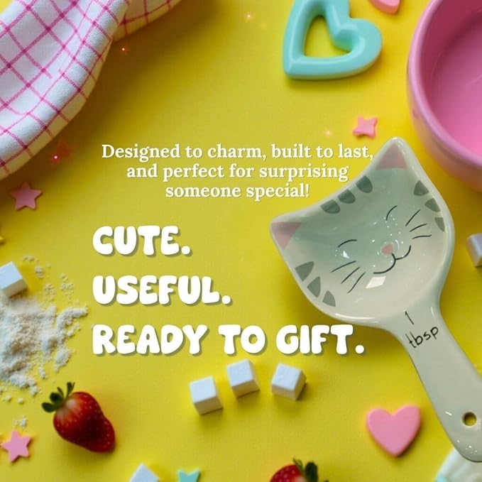 Cute Cat Measuring Spoons Set with Ribbon, Cute Cat Gifts for Women, Cat Themed Kitchen Accessories for Cat Baking Supplies, Ceramic Measuring Spoons for Cat Lover, Baking Gifts for Women (Set of 5)