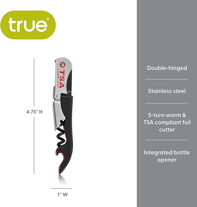 True Jetsetter TSA Compliant Double Hinged Waiters Corkscrew Wine Opener, Durable Stainless Steel with Built-in Bottle Opener and Foil Cutter for Travel, Outdoor Adventures, Home Bar, Set of 1, Black