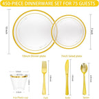WELLIFE 450 PCS Clear Gold Disposable Dinnerware Set for 75 Guests, Clear and Gold Plastic Plates for Party, 75 Dinner & Salad Plates, Cups, Spoons Forks Knives for Wedding and Party Anniversary