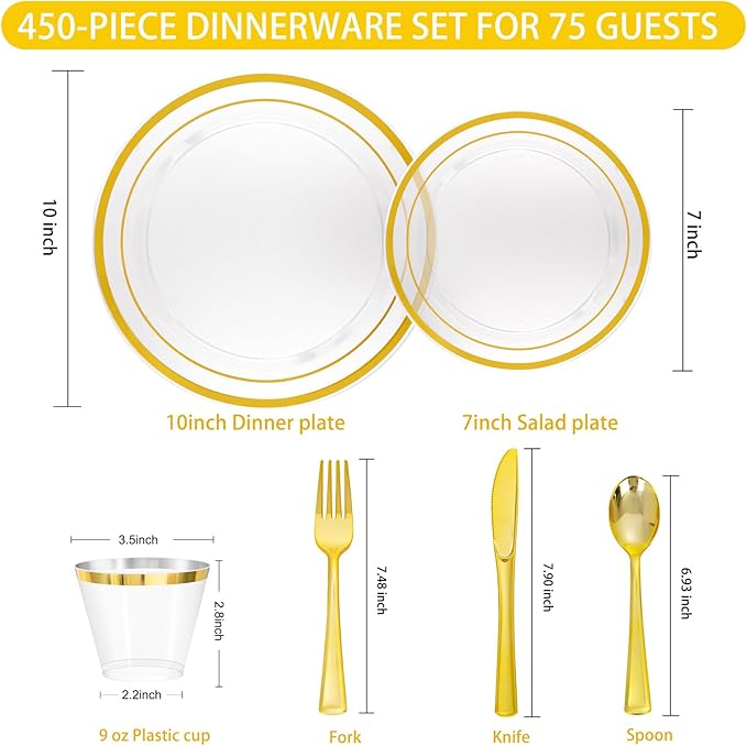 WELLIFE 450 PCS Clear Gold Disposable Dinnerware Set for 75 Guests, Clear and Gold Plastic Plates for Party, 75 Dinner & Salad Plates, Cups, Spoons Forks Knives for Wedding and Party Anniversary