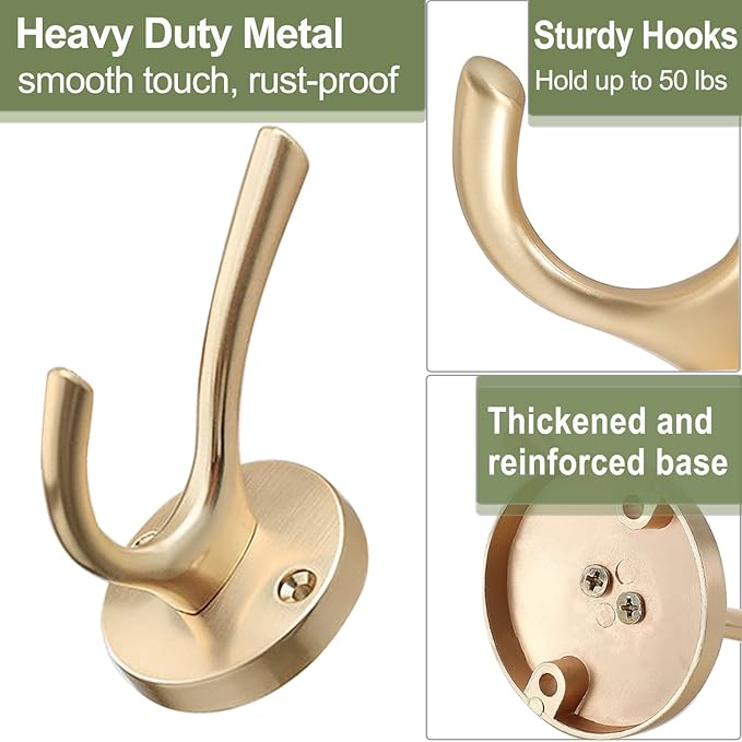 Gold Coat Hooks for Wall, 2 Pack Heavy Duty Towel Robe Hooks, Hats Hooks for Entryway Cubicle Closet Mudroom Bathroom Garage