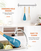 Cooking Spoon for Nonstick Cookwares, Great for Cooking and Serving Sturdy BPA-Free Matte Silicone, Wood Handle Spoon for Mixing, Scoop, and Scrape (Khaki & Turquoise, 13.4 inch)