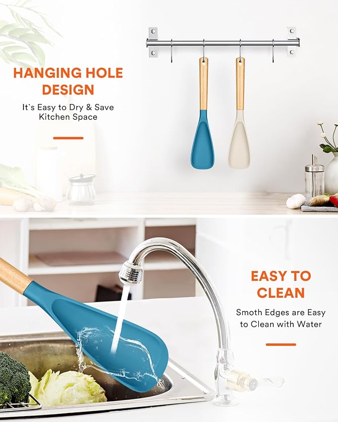 Cooking Spoon for Nonstick Cookwares, Great for Cooking and Serving Sturdy BPA-Free Matte Silicone, Wood Handle Spoon for Mixing, Scoop, and Scrape (Khaki & Turquoise, 13.4 inch)