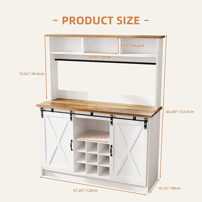 4ever2buy Farmhouse Coffee Bar Cabinet with Storage, 47”Coffee Bar with Sliding Barn Doors and 3 Storage Hutch, Hutch Cabin et with 6 Hooks & 9 Wine Racks for Dining Room, Kitchen, White
