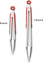 Premium 304 Stainless Steel Tongs Set – 12" Grill Tongs & 9" Cooking Tongs, Heat Resistant up to 600°F, Wavy Grip Head, Non‑Slip Handle with Locking Clip & Hanging Loop, Dishwasher Safe, Red