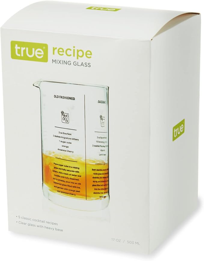 True Recipe Mixing Glass, Cocktail and Bar Tools with Thick Base, Pour Spout, and 5 Printed Recipes, 17 Oz
