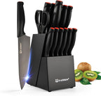15-Piece Knife Set, High Carbon Stainless Steel Imported From Germany, Beveled Mercerized Blade, Black Titanium Stainless Steel Knives Block Set with Built-in Sharpener, Non-Slip Handles