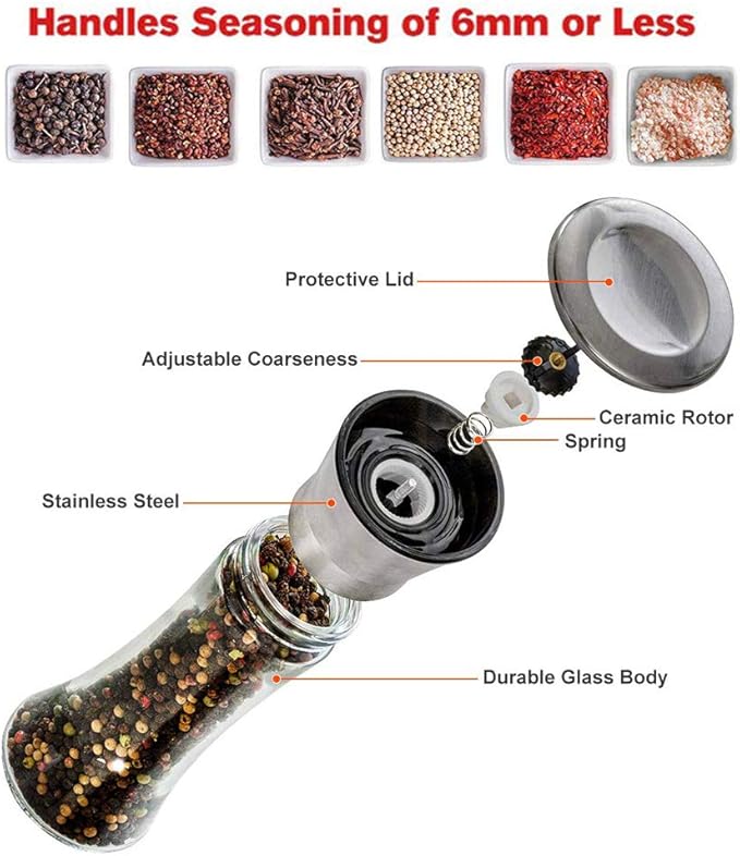 Salt and Pepper Grinder Set Combo - Black Pepper,Herb Shakers Mill Refillable Manual - Stainless Steel Lid - Adjustable Coarseness - Glass Material- Fits in Home,Kitchen,Barbecue
