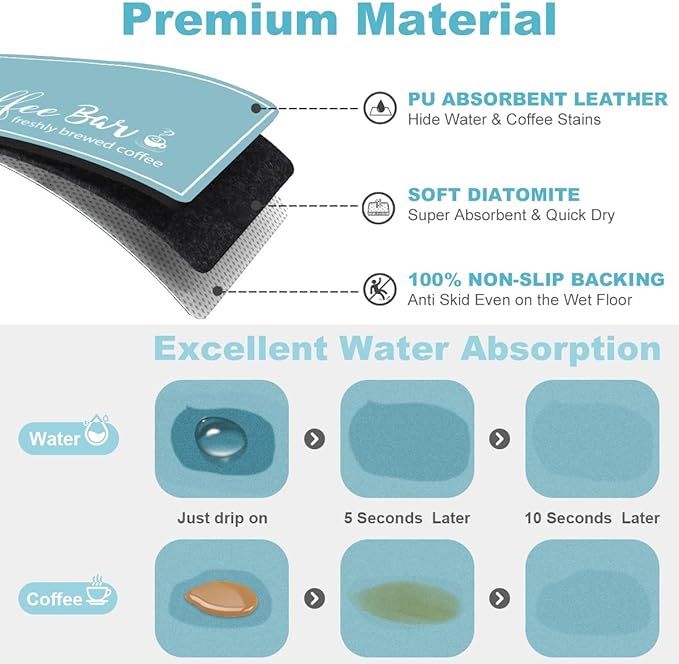 Findosom Dish Drying Mat, 16"x 24" Super Absorbent & Hide Stain Coffee Mat, Cuttable Drying Mat for Kitchen Counter, Coffee Bar Accessories, Under Dish Rack, Coffee Maker, Espresso Machine, Blue