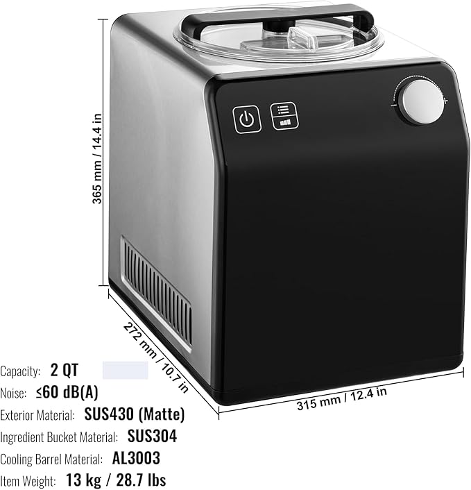 VEVOR Upright Automatic Ice Cream Maker with Built-in Compressor, 2 Quart No Pre-freezing Fruit Yogurt Machine, Stainless Steel Electric Sorbet Maker, 4 Modes Gelato Maker with Digital Display & Timer