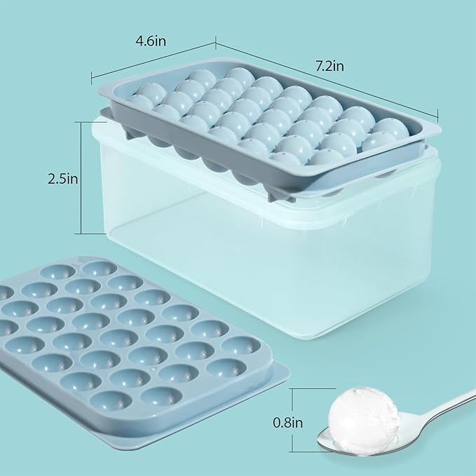 Ice Cube Trays with Lid and Bin, 0.8 IN Small Round Ice Cube Mold - Easy Release Stackable Ice Ball Maker for Cocktail,Whiskey and Drinks, BPA-Free(0.8in/64 balls&box)