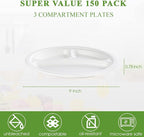Vplus 100% Compostable Paper Plates, 150 Pack 9 Inch 3 Compartment Plates Disposable, Heavy Duty Biodegradable Plates Made of Sugar Cane Fibers, for Daily meals, Dinner, Parties, BBQ