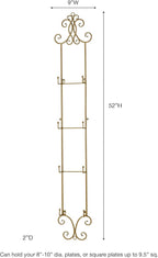 Kanya Gold Four Plate Wall Mount Rack | Four Plate Holder | Plate Display Easel Decor | Openwork Scrolls | Traditional Classic Metal Plate Racks | Square or Round Plates | Kitchen | Dining Room