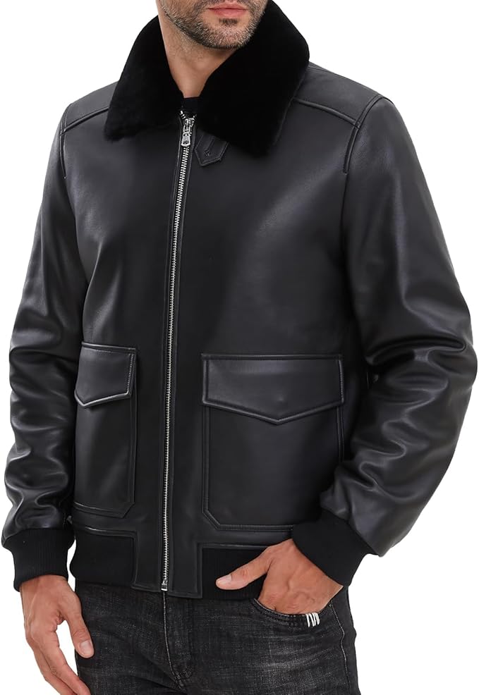 Leather Jacket Men,Lambskin Bomber Jacket with Removable Real Fur Collar,Front Zip Closure, Multiple Pockets