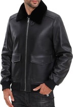 Leather Jacket Men,Lambskin Bomber Jacket with Removable Real Fur Collar,Front Zip Closure, Multiple Pockets