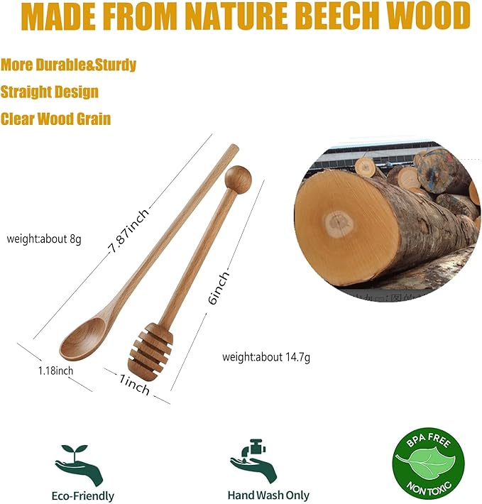 4 PCS 6 Inch Honey Dipper Sticks and 4 PCS 7.87 Inch Coffee Stirring Spoons, Beech Wooden Honey Spoon Stirrer for Honey Jar Dispense Drizzle Honey and Wedding Party Gift