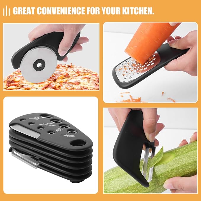 Multi-functional Kitchen Gadget Set with Vegetable Peeler, Pizza Wheel, Bottle Opener, Garlic Grinder, and Fruit Peeler – Versatile Kitchen Tools for Cooking and Food Preparation