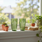 16 oz Green Fern-Embossed Tumblers – Set of 8 Drinking Glasses, Artisanal-Style Vintage Textured Glassware for Water, Sparkling Drinks, Lemonade & Mocktails – Retro Boho Kitchen & Home Table Decor