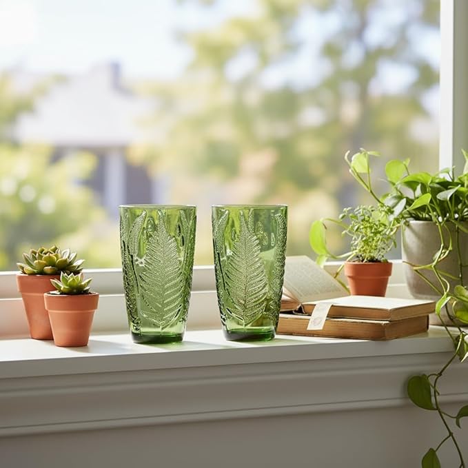16 oz Green Fern-Embossed Tumblers – Set of 8 Drinking Glasses, Artisanal-Style Vintage Textured Glassware for Water, Sparkling Drinks, Lemonade & Mocktails – Retro Boho Kitchen & Home Table Decor