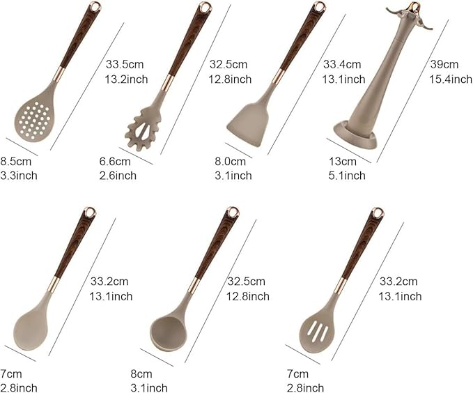 Kitchen Utensils Set,Cooking Utensils Set,Kitchen Utensils Set with Stand, 7pcs Silicone Cooking Utensils, Nonstick Pasta Spoons Skimmer Spatula Baking Kitchen Tools Gadgets(Khaki)
