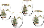 Spode Christmas Tree 19oz Stemless Wine Glasses, Set of 4 - Vintage-Inspired Holiday Drinkware with Cozy Seasonal Charm, Ideal for Mulled Wine at Festive Gatherings & Holiday Entertaining