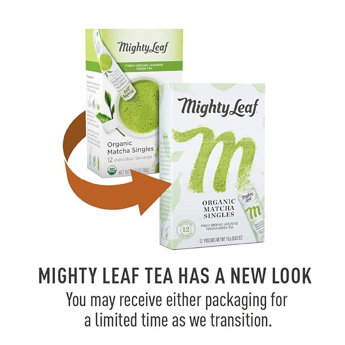 Mighty Leaf Tea, Organic Matcha Green Tea Singles - 1 Box of 12 Single Serve Packets, 100% Japanese Matcha, Unsweetened