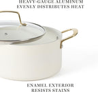 Martha Stewart Lockton Premium Non stick Non Toxic PFA Free Ceramic Interior 10 Piece Heavy Gauge Enamel Aluminum Pots and Pans Cookware Set - Linen White w/Gold Handle